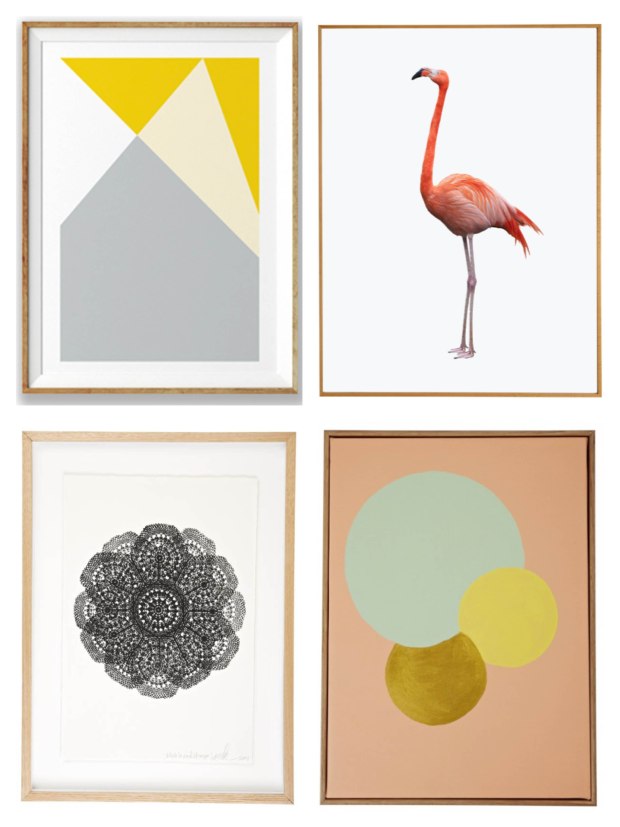 Clockwise from top left: Abstract 2 Art Poster (Xavier & Me), Fleming the Flamingo (Xavier & Me), Confetti IV (Lumiere Art & Co), Layered Hexagon Print (Lumiere & Co)
