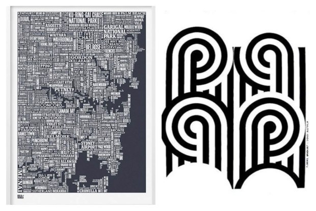 Left: Sydney Typography Map (Bold & Noble) and Florence Broadhurst 'Turnabouts' limited edition print (Signature Prints)